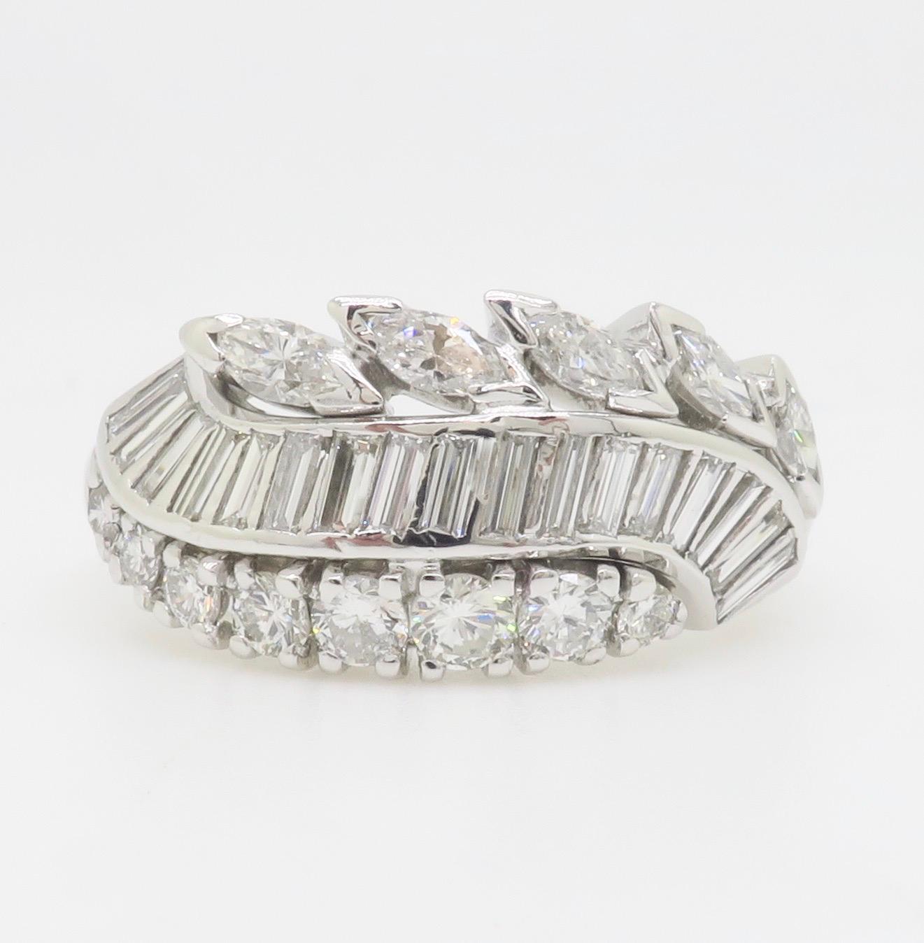 Vintage Diamond Cocktail Ring featuring Round, Baguette, and Marquise Diamonds For Sale 12