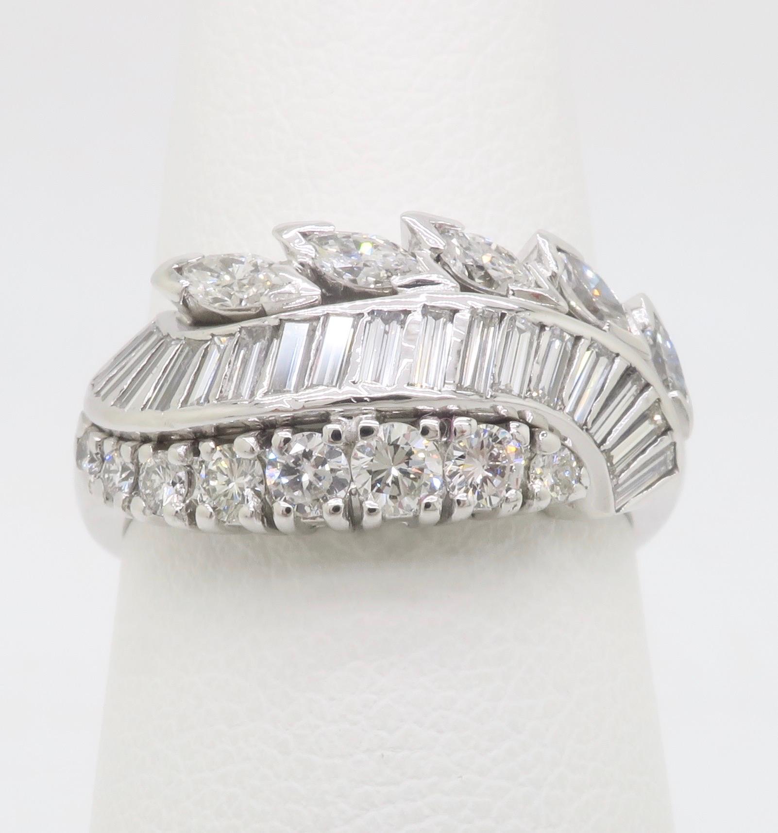 Vintage Diamond Cocktail Ring featuring Round, Baguette, and Marquise Diamonds In Excellent Condition For Sale In Webster, NY