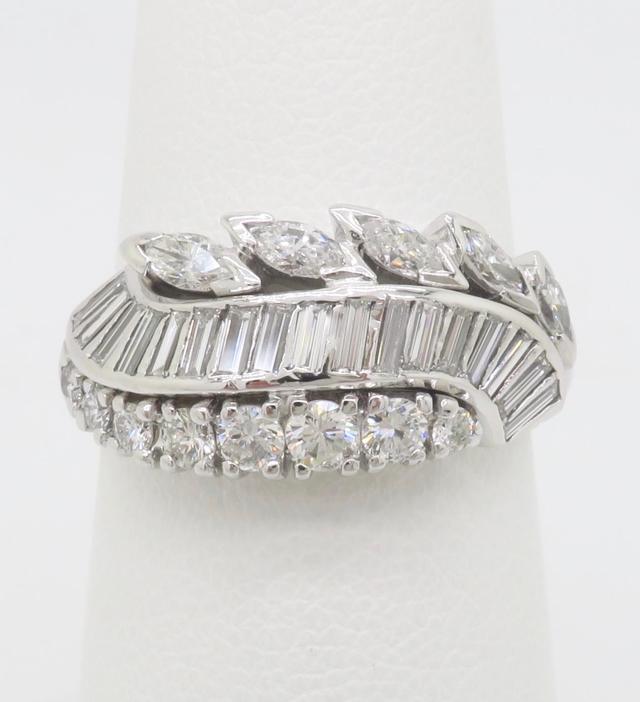 Women's Vintage Diamond Cocktail Ring featuring Round, Baguette, and Marquise Diamonds For Sale