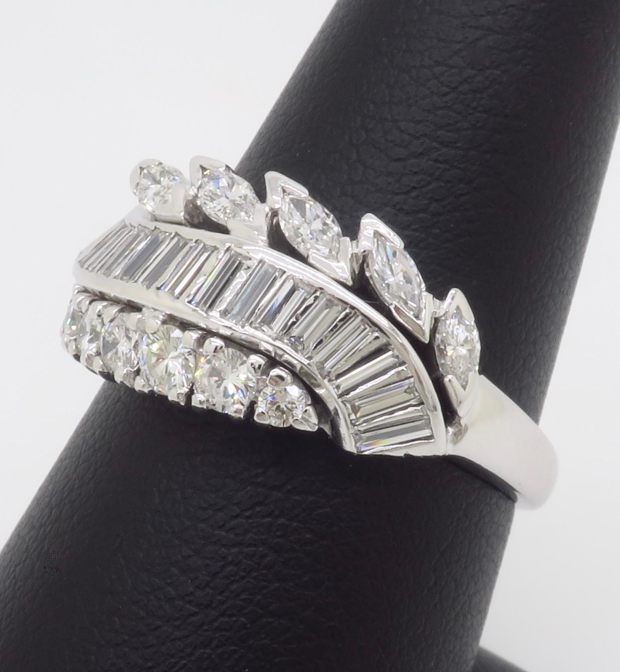 Vintage Diamond Cocktail Ring featuring Round, Baguette, and Marquise Diamonds For Sale 4