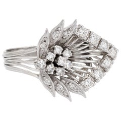 Vintage Diamond Cocktail Ring Platinum Spray Cluster Estate Jewelry, Midcentury