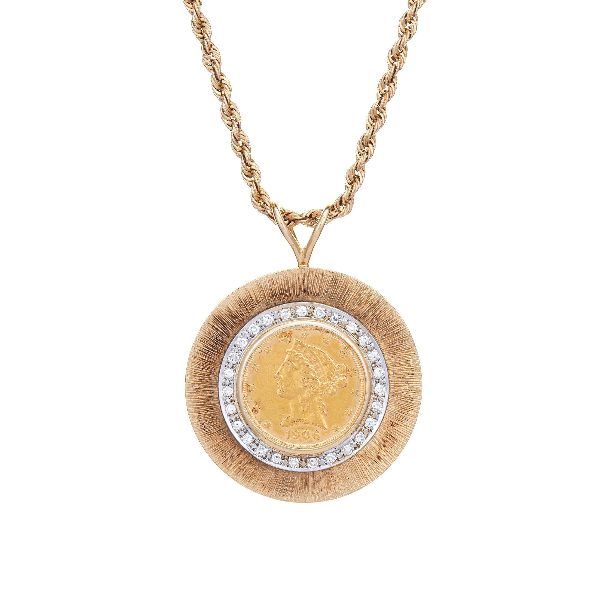 Finely detailed vintage diamond coin medallion necklace crafted in 14 karat yellow gold (the coin is 90% gold). The necklace is circa 1960s to 1970s.

Single cut diamonds total an estimated 0.26 carats (estimated at G-H color and VS2 clarity).

The