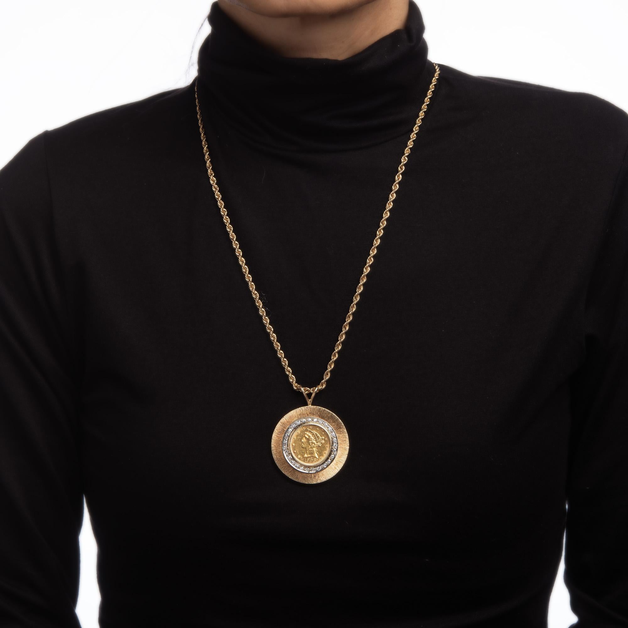 Vintage Diamond Coin Medallion Necklace 1906 D Coronet Head Gold Half Eagle In Good Condition In Torrance, CA