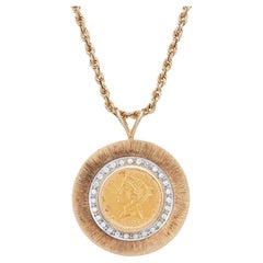 Vintage Diamond Coin Medallion Necklace 1906 D Coronet Head Gold $5 Half Eagle