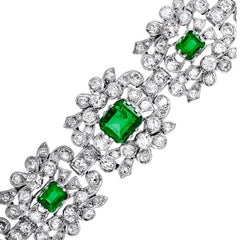 Vintage Diamond Colombian Emerald Platinum Flower Link Bracelet