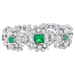 Vintage Diamond Colombian Emerald Platinum Flower Link Bracelet