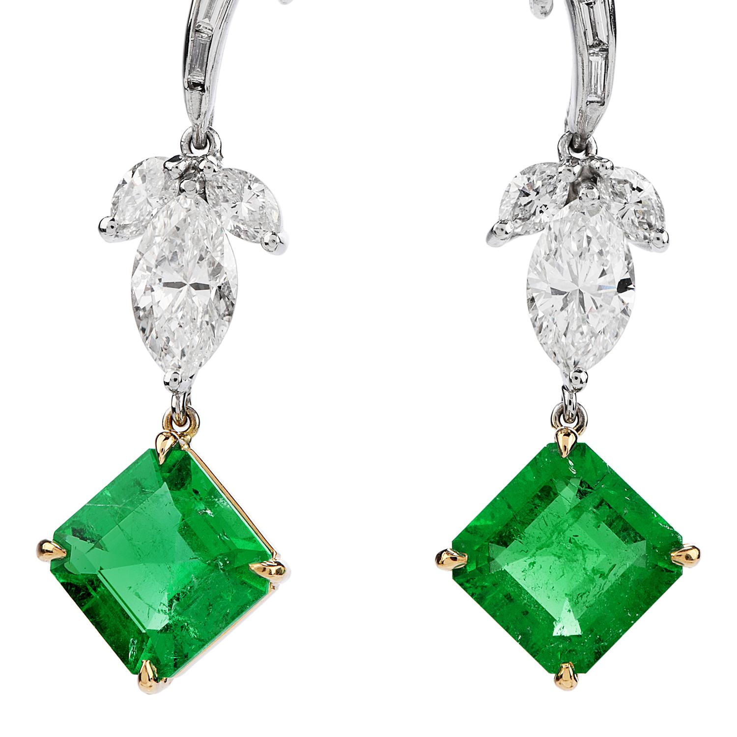 Feel especially beautiful at your next event with these vintage Diamond Colombian Emerald 18K Gold Drop Earrings

This vintage late 1950’s Diamond Colombian Emerald 18K Gold Drop  Earrings! 

These dangle drop earrings are crafted in platinum with