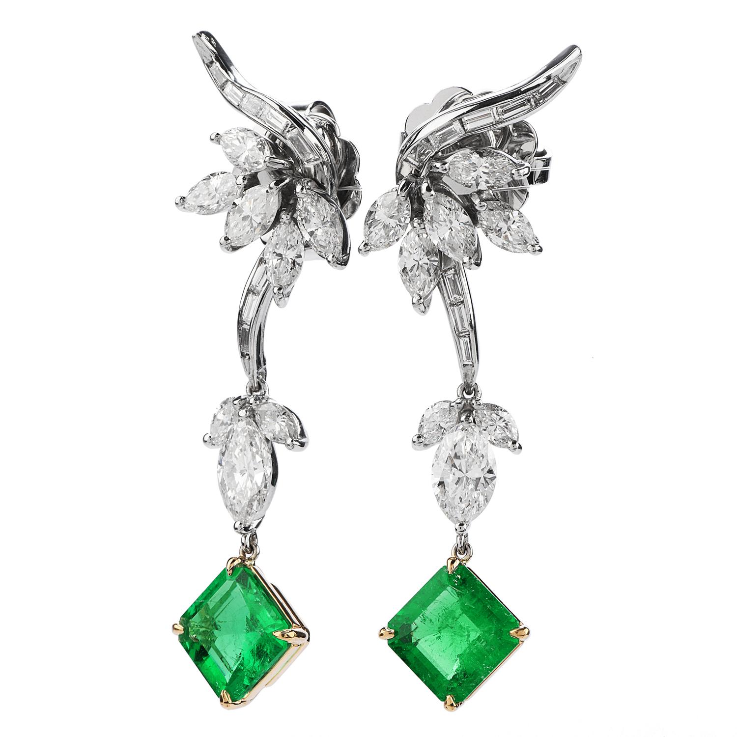 Art Deco Vintage Diamond Colombian Emerald Platinum Gold Drop Earrings