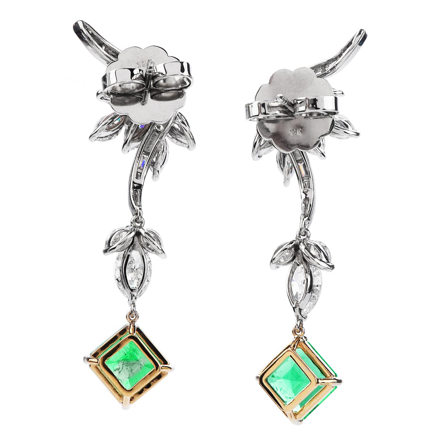 Emerald Cut Vintage Diamond Colombian Emerald Platinum Gold Drop Earrings