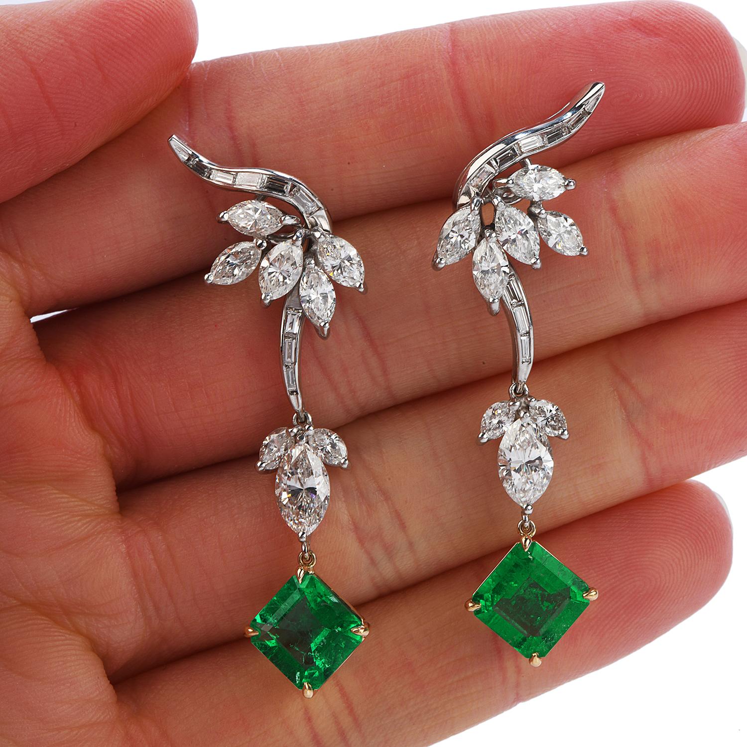 Vintage Diamond Colombian Emerald Platinum Gold Drop Earrings In Excellent Condition In Miami, FL