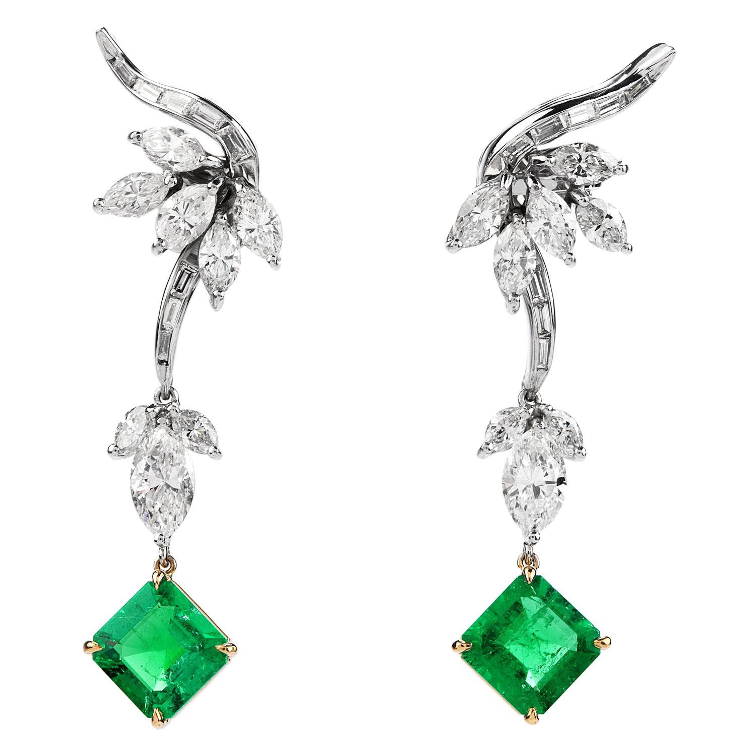 Vintage Diamond Colombian Emerald Platinum Gold Drop Earrings