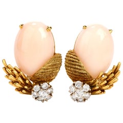 Vintage Diamond Coral 18 Karat Gold Oval Floral Clip-On Earrings