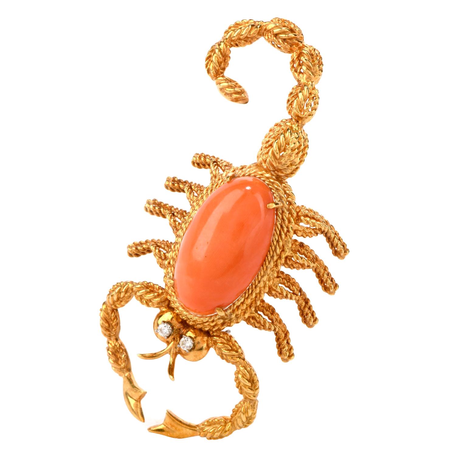 Vintage Diamond Coral 18 Karat Gold Scorpion Oval Cabochon Pin Brooch