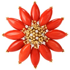 Vintage Diamond Coral 18 Karat Poinsettia Brooch Pin