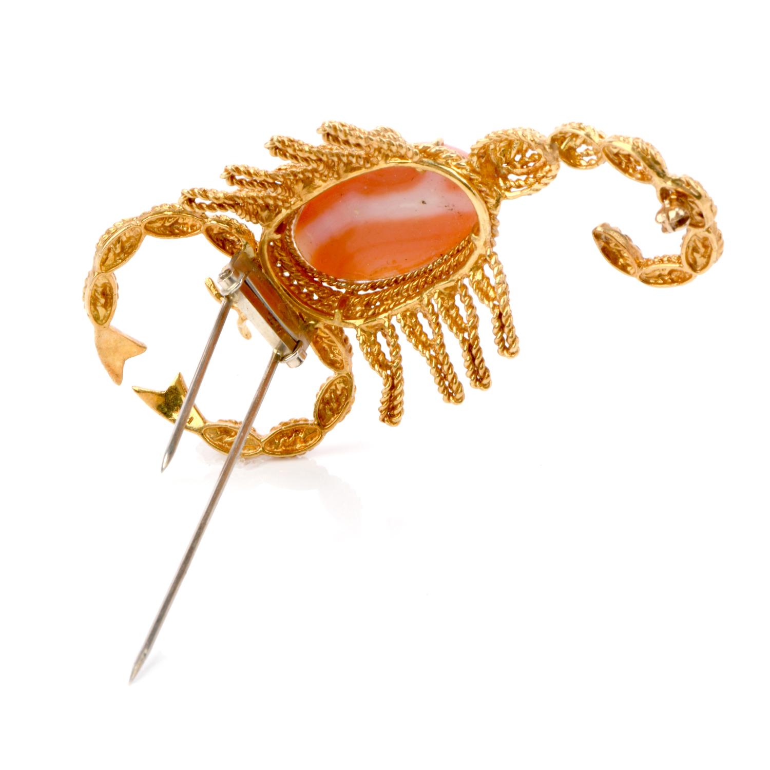 Scorpions symbolize ardency, rebirth and protection, so bring some passion and transformation in your life with this stunning Vintage Diamond 18K Gold Scorpion Oval Cabochon Pin Brooch! 

The body of the scorpion has 1 coral, oval shaped cabochon,