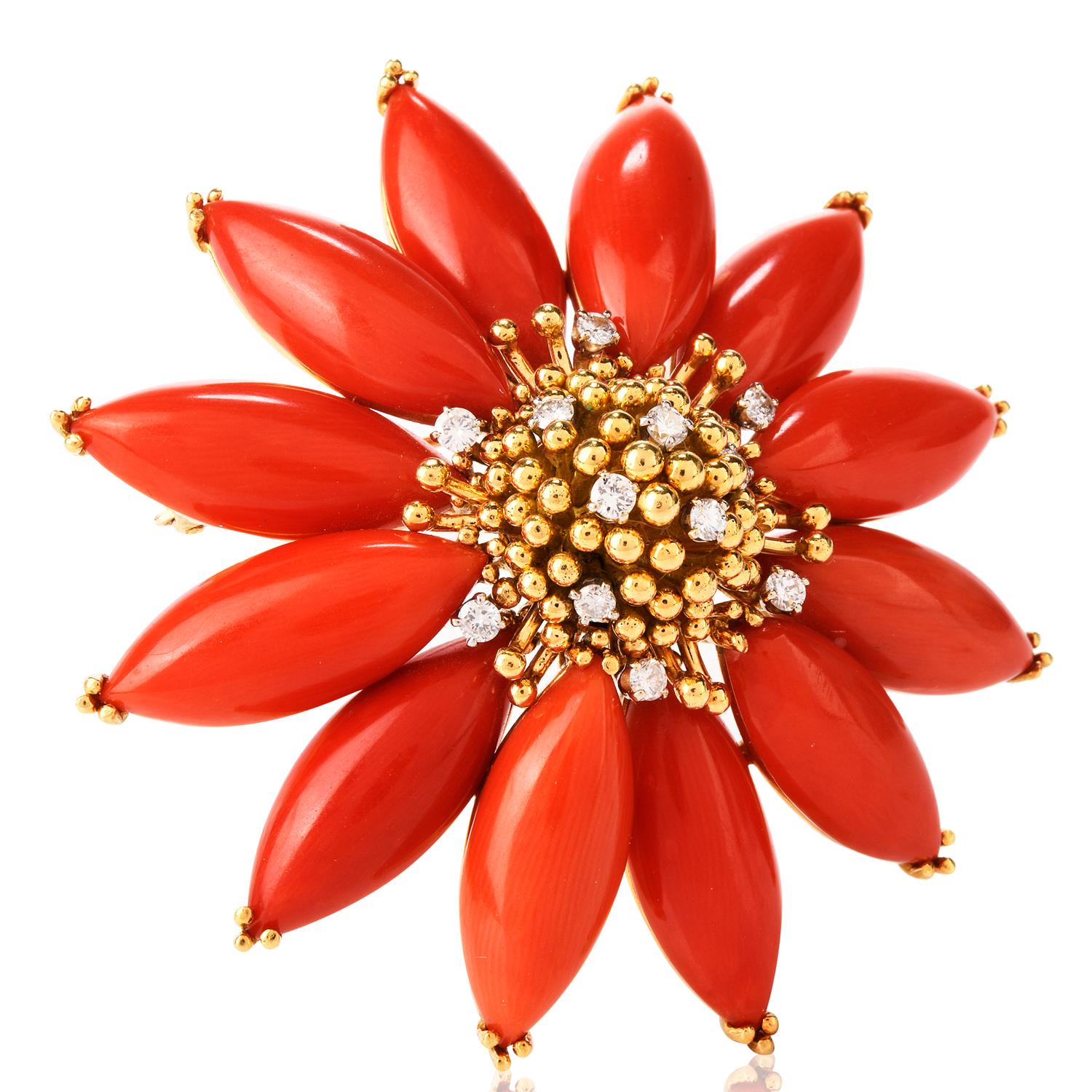 This Vintage 1960's  Diamond and Coral Brooch was inspired

with the holidays in mind.

This Poinsettia Brooch has 12 large pieces of natural Salmon Red Coral 

measuring appx. 9 x 20mm creating the leaves .

The nucleous of the flower is a series