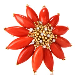 Vintage Diamond Coral 18 Karat Poinsettia Brooch Pin
