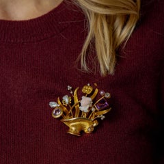 Vintage diamond coral amethyst pearl 14k yellow gold basket opera brooch