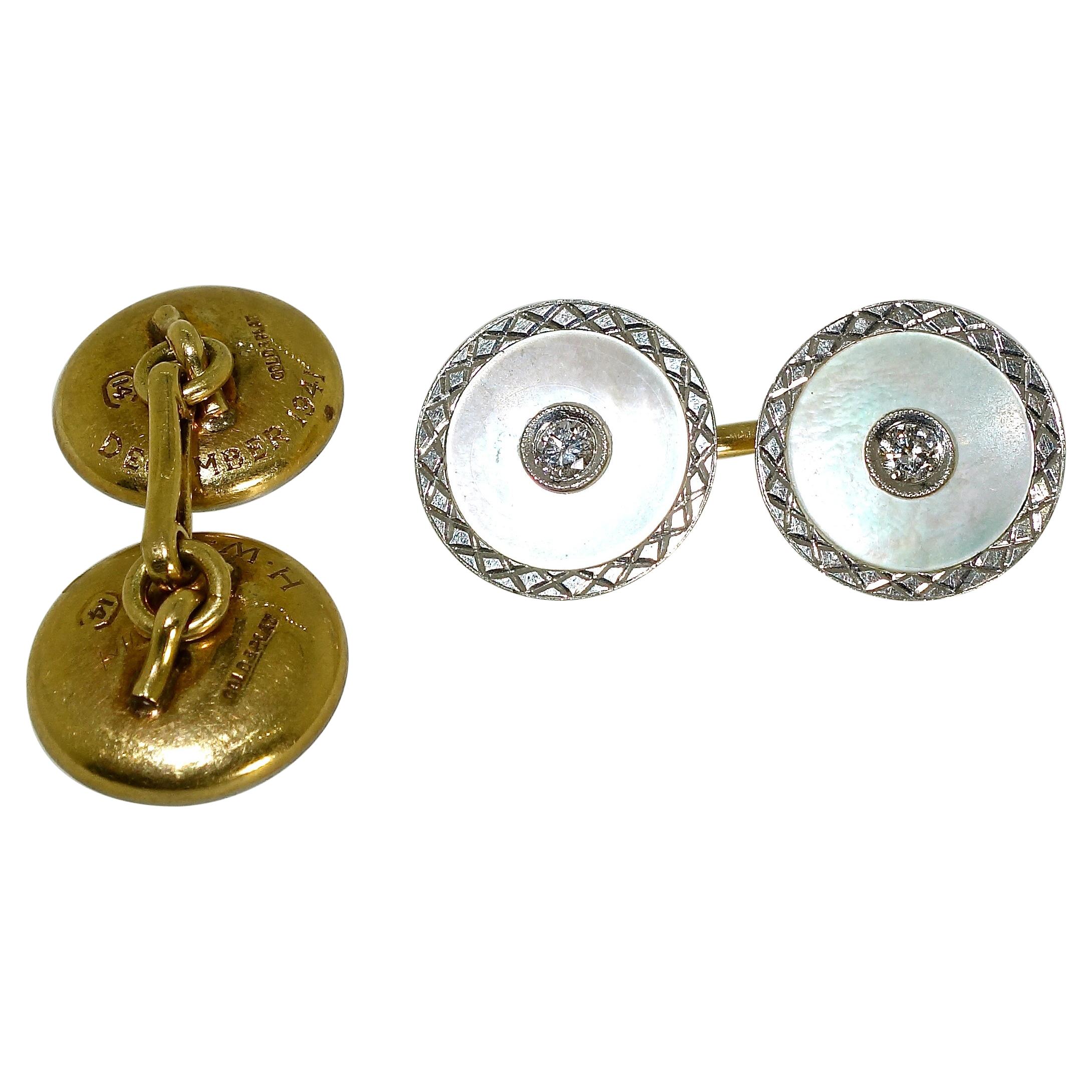 Vintage Diamond Cufflinks with Mother of Pearl in Platinum, circa 1925