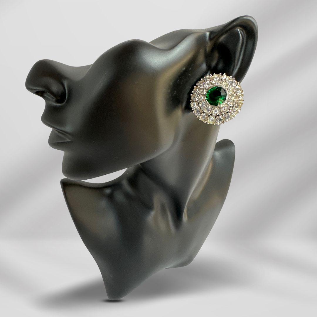 Art Deco Vintage Diamond Cut Green Glass and Rhinestone Earrings For Sale