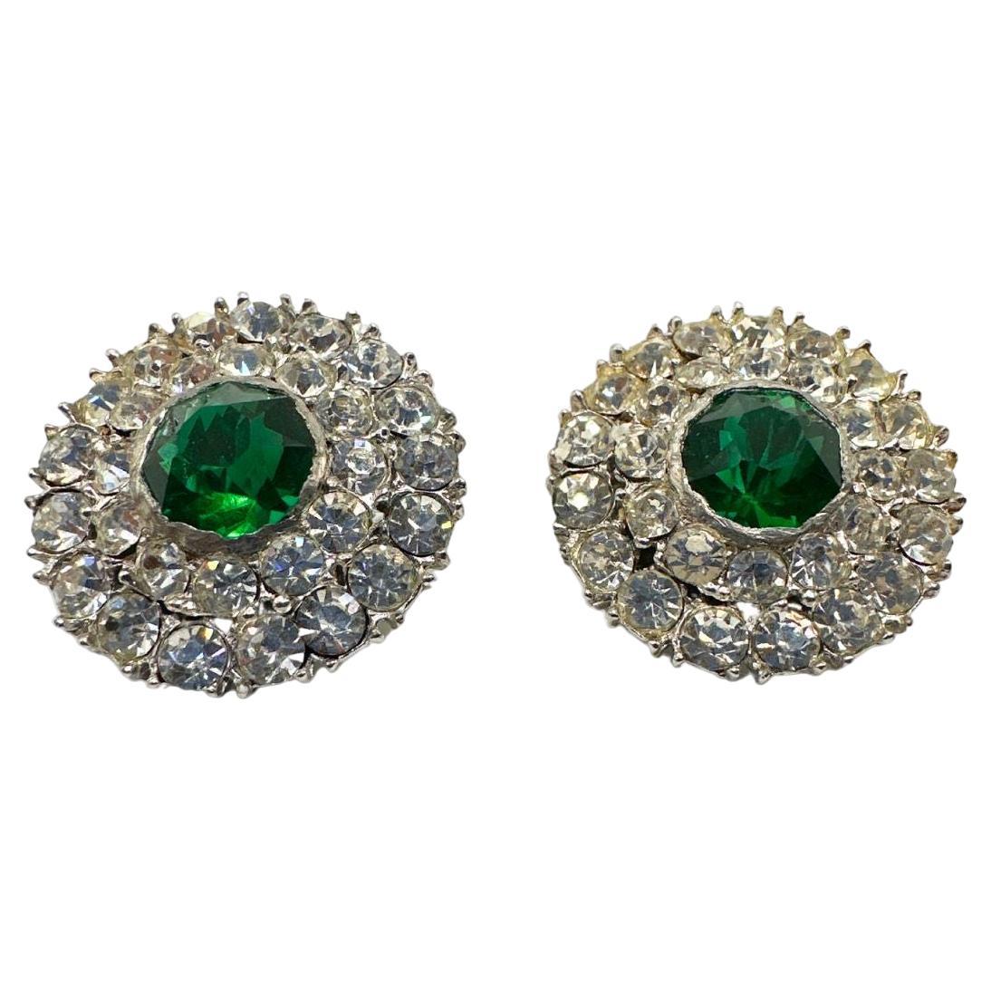 Vintage Diamond Cut Green Glass and Rhinestone Earrings For Sale