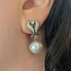 Vintage Diamond Dangle Earrings with Pearl Drop in 14k White Gold