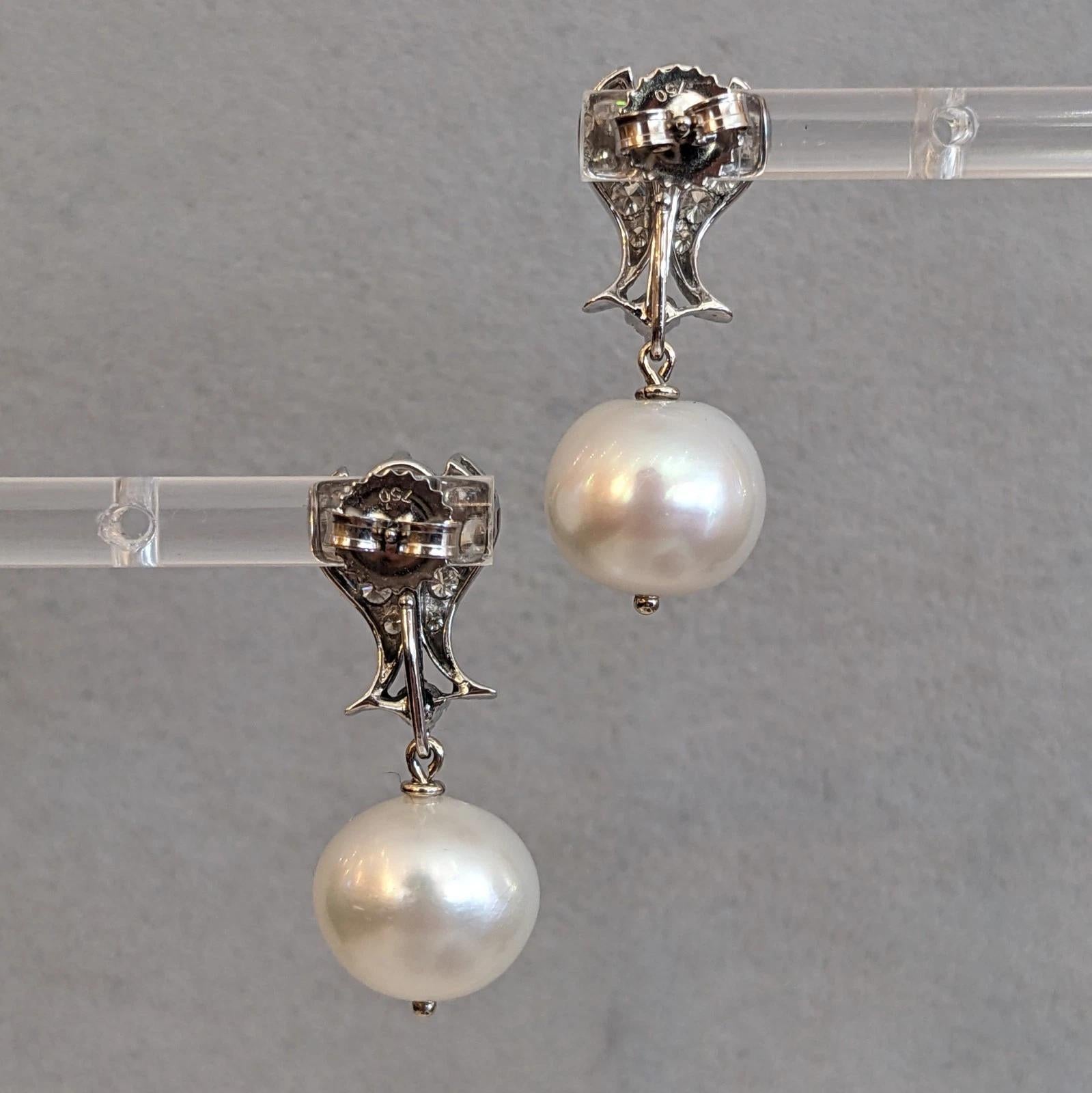 De las mujeres Vintage Diamond Dangle Earrings with Pearl Drop in 14k White Gold en venta