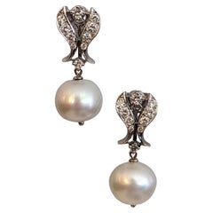 Vintage Diamond Dangle Earrings with Pearl Drop in 14k White Gold