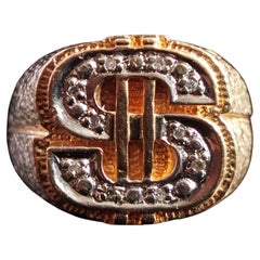 Vintage Diamond Dollar Sign Ring, Chunky 9 Karat Gold, Heavy