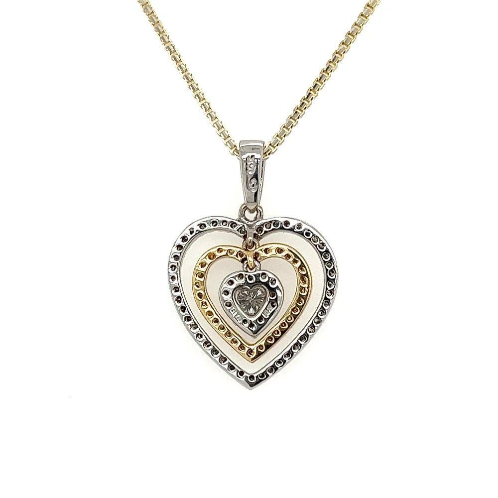 Brilliant Cut Vintage Diamond Double Heart Two-Tone Gold Pendant Necklace For Sale