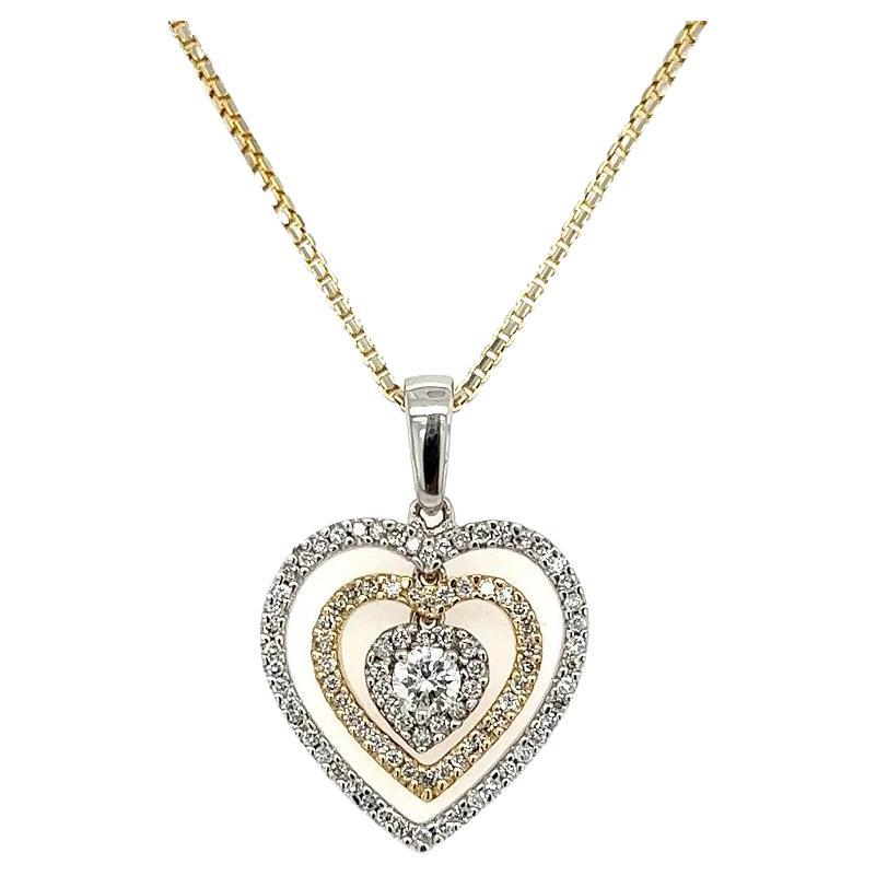 Vintage Diamond Double Heart Two-Tone Gold Pendant Necklace For Sale
