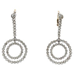 Vintage Diamond Double Open Circle Platinum Drop Earrings Fine Estate Jewelry