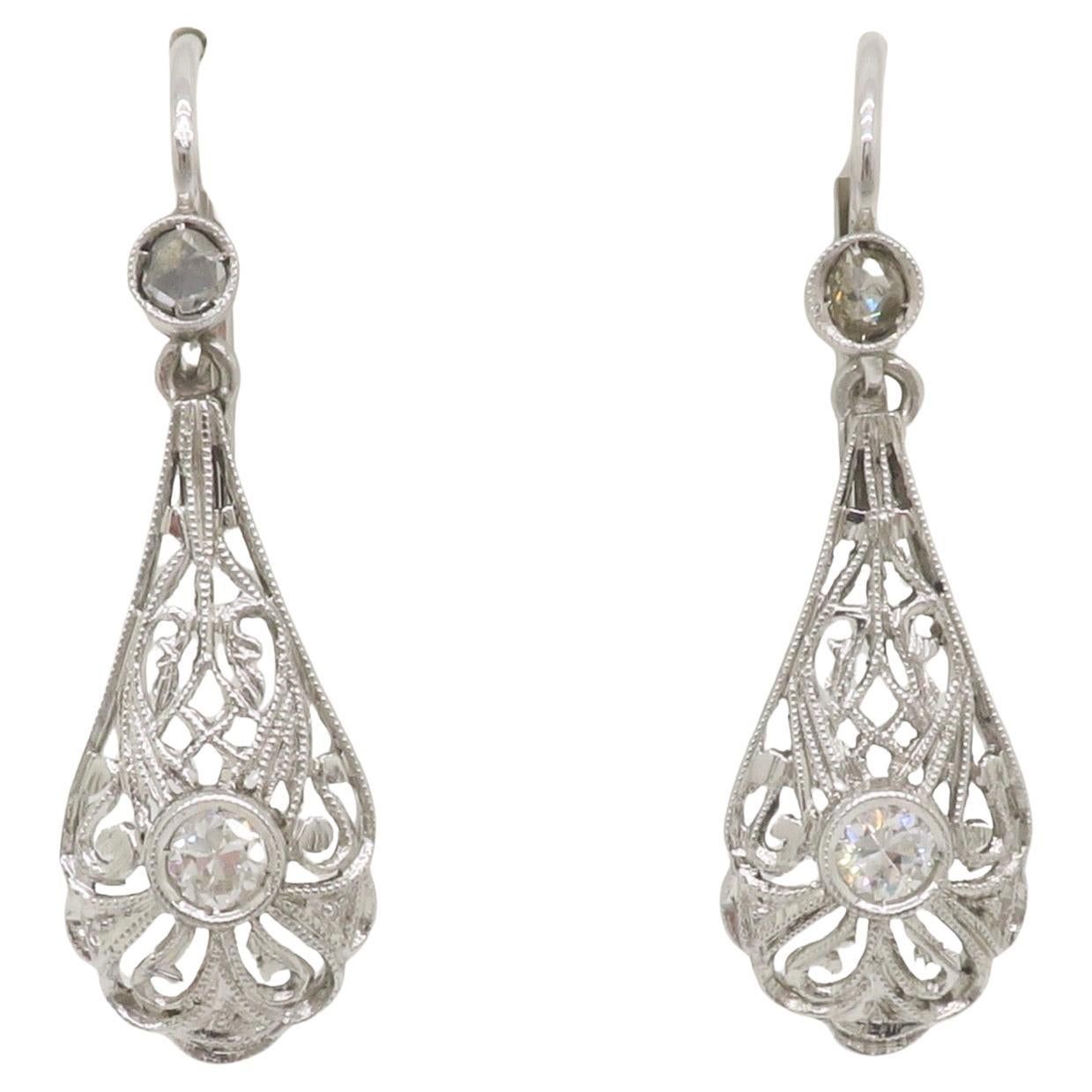 Vintage Diamond Drop Earrings made in Platinum
