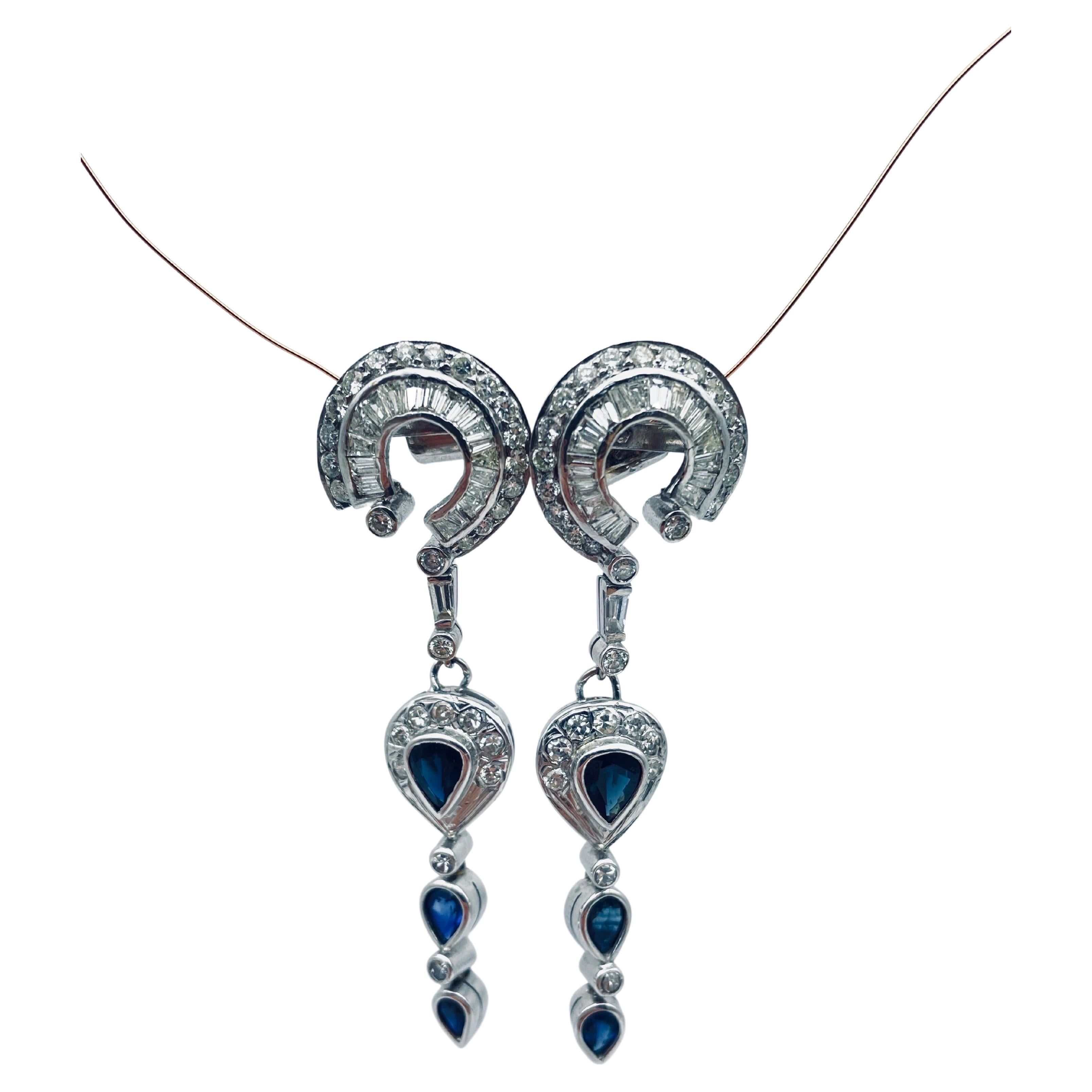Vintage Diamond drop earrings with sapphire in 18k white gold For Sale 7