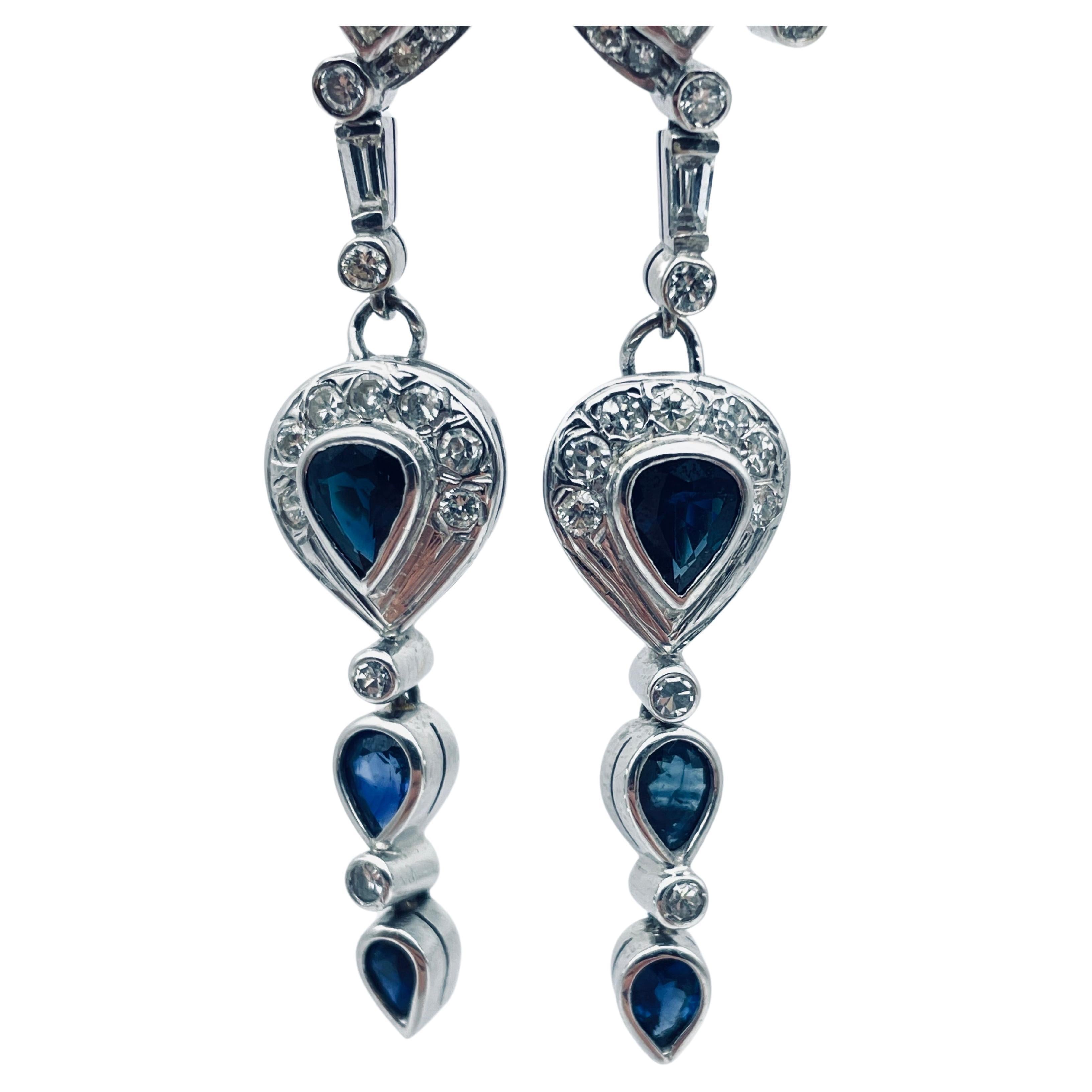 Baguette Cut Vintage Diamond drop earrings with sapphire in 18k white gold For Sale