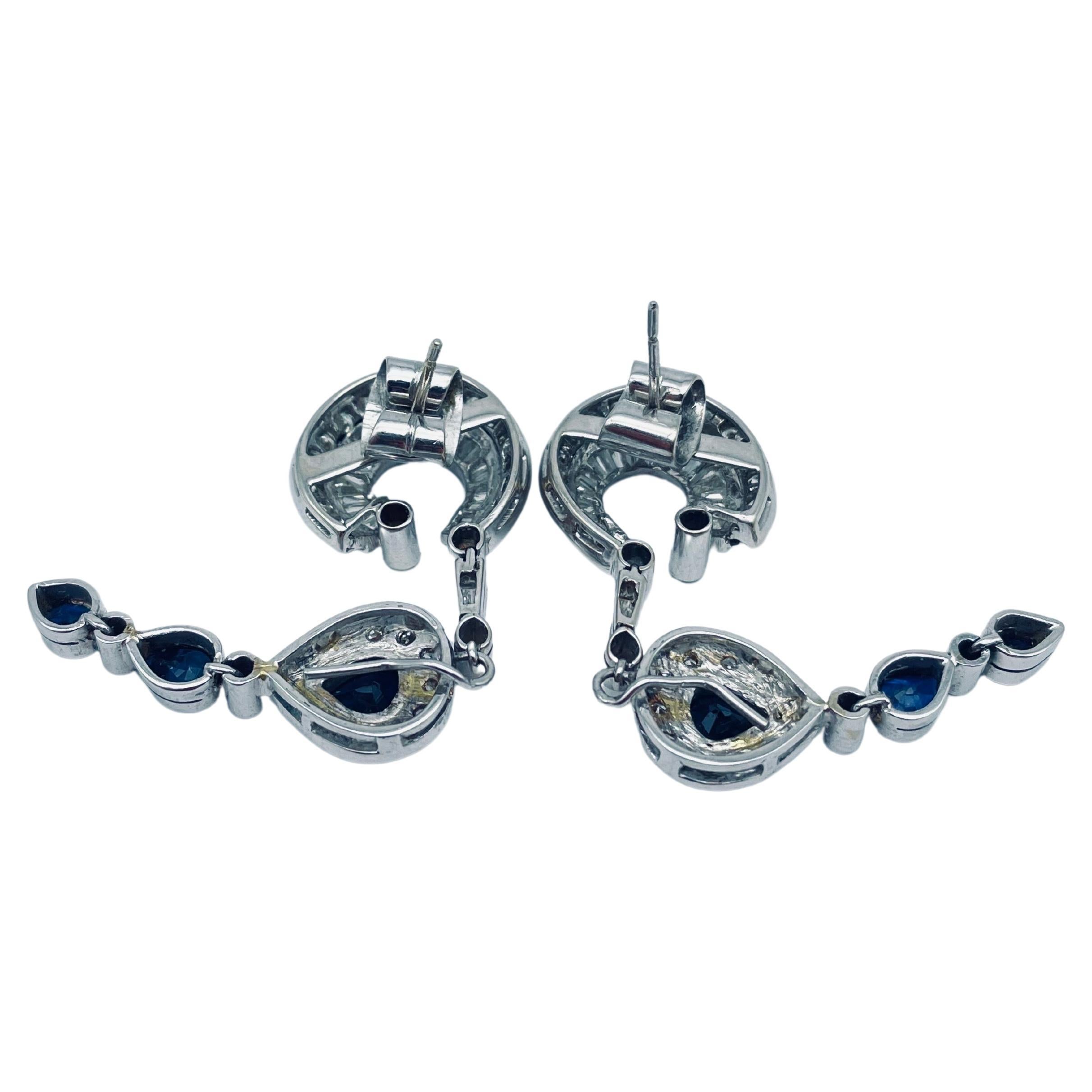 Women's Vintage Diamond drop earrings with sapphire in 18k white gold For Sale