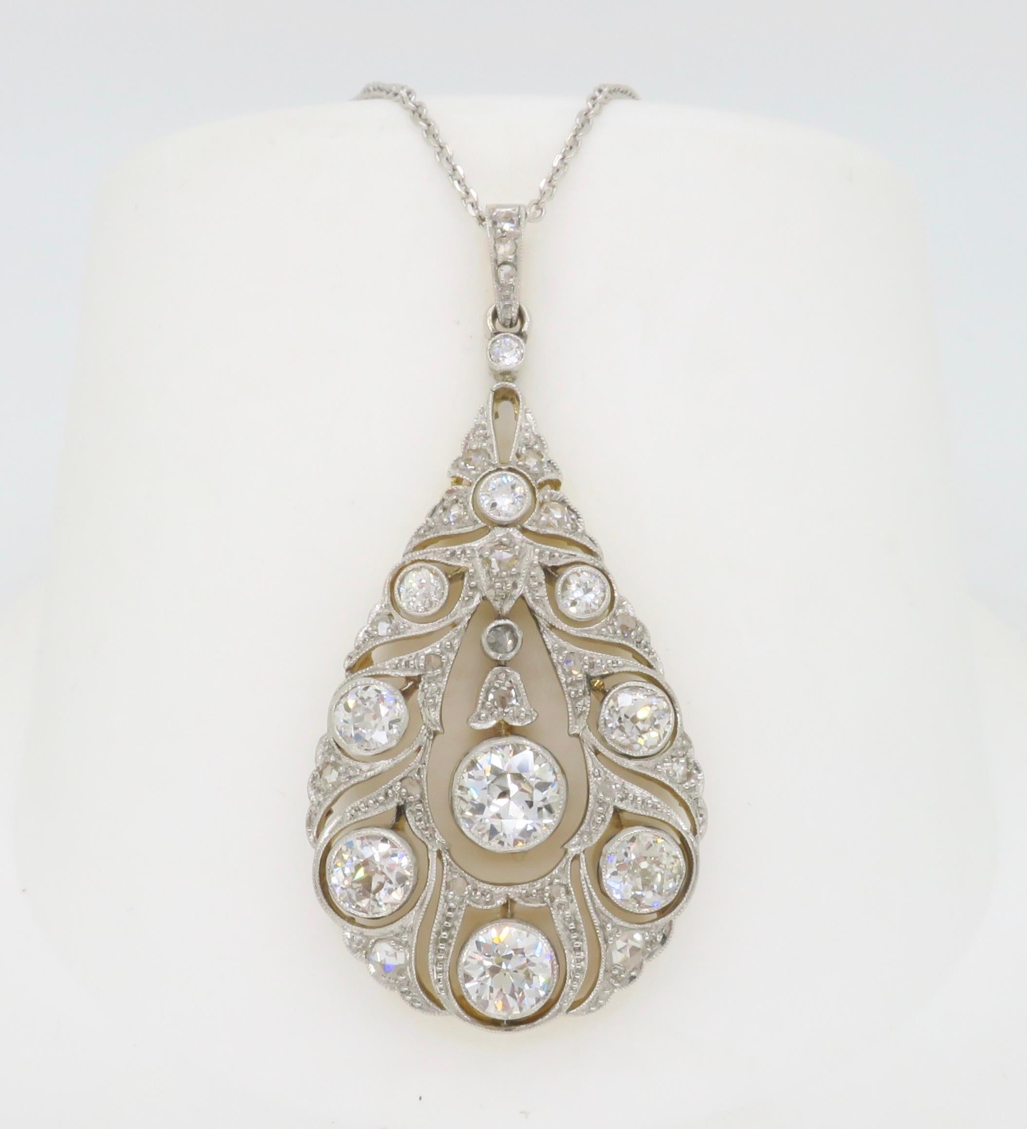Diamond encrusted vintage pendant necklace made with 2.38CTW of diamonds. 

Total Diamond Carat Weight: Approximately 2.38CTW
Diamond Cut: Old European cut & Rose cut  
Color: Average H-J 
Clarity: Average SI
Center Diamond Carat Weight: