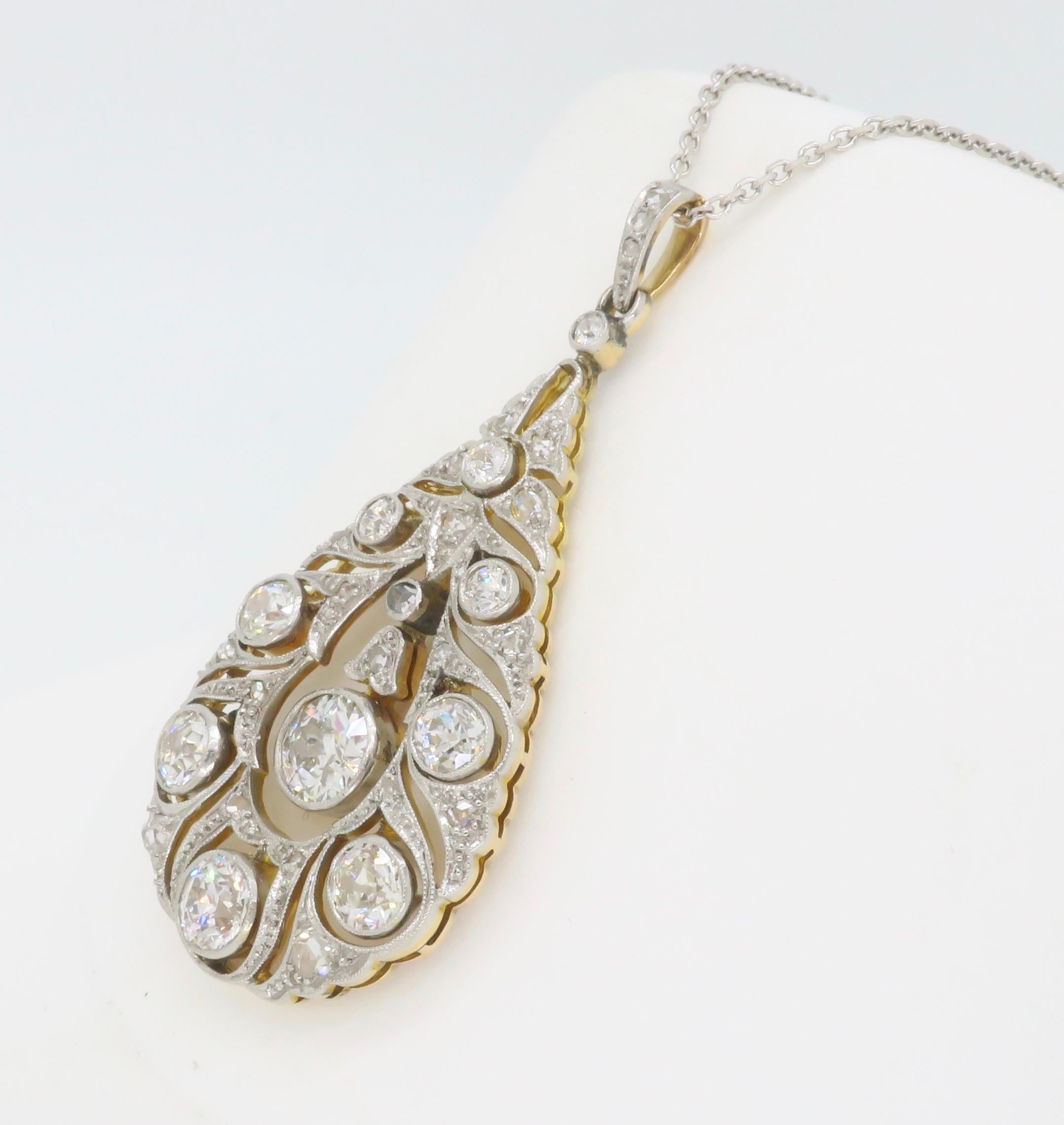 Round Cut Vintage Diamond Drop Pendant Made in 18karat White and Yellow Gold  For Sale