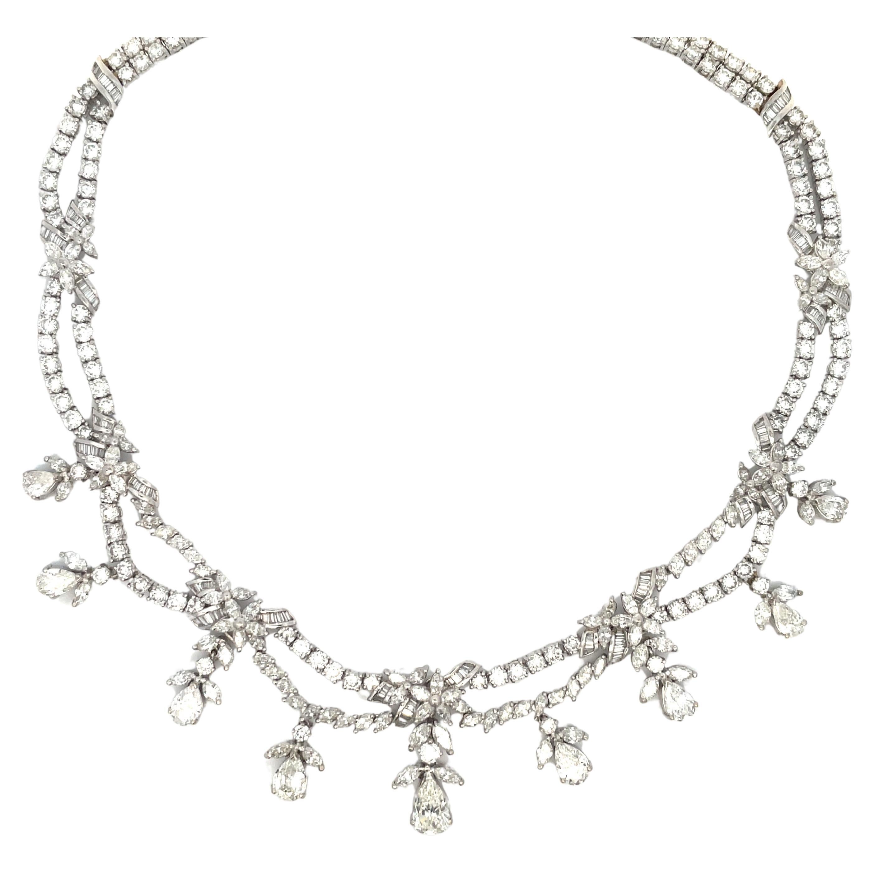 Vintage Diamond Drop Two Row Necklace 33.70 Carats Platinum  For Sale