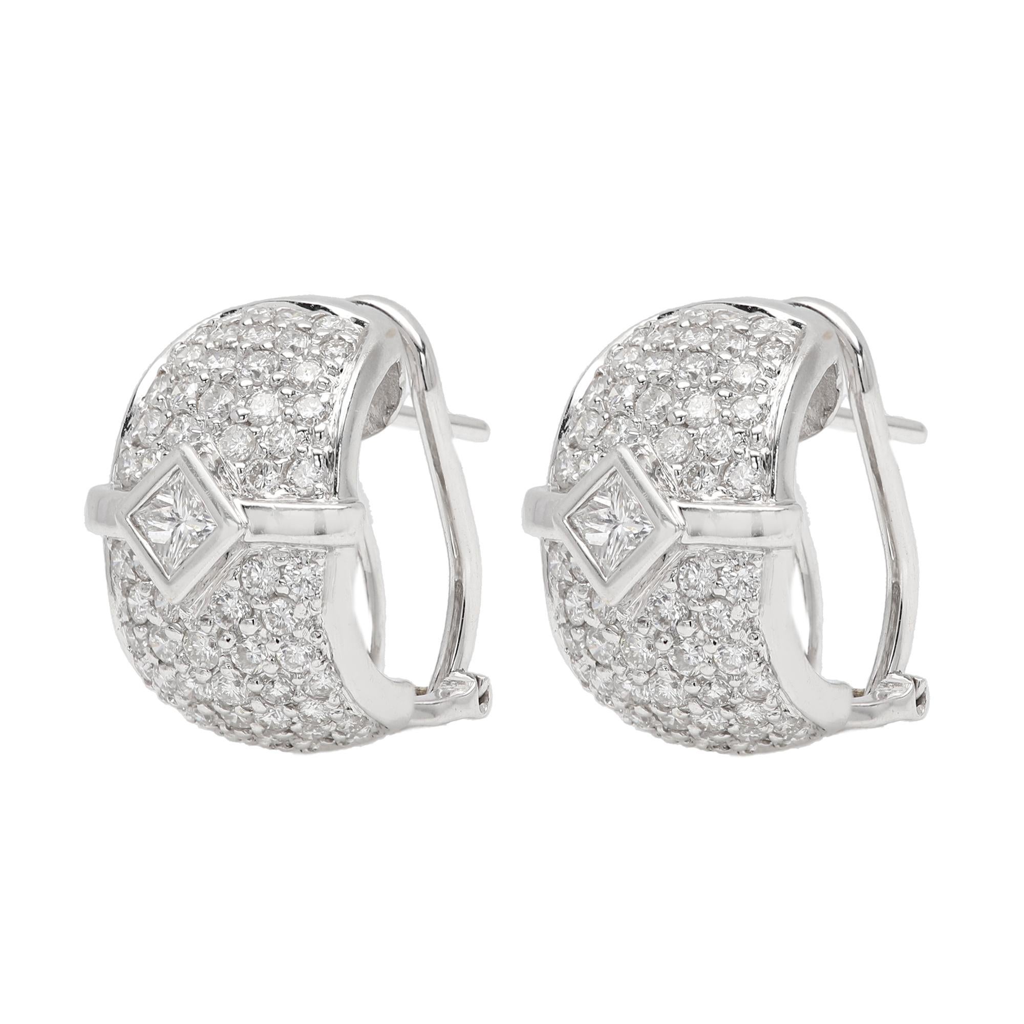 Fancy Diamond Earrings Omega Lock 18 Karat White Gold Vintage Diamonds Earring For Sale 6