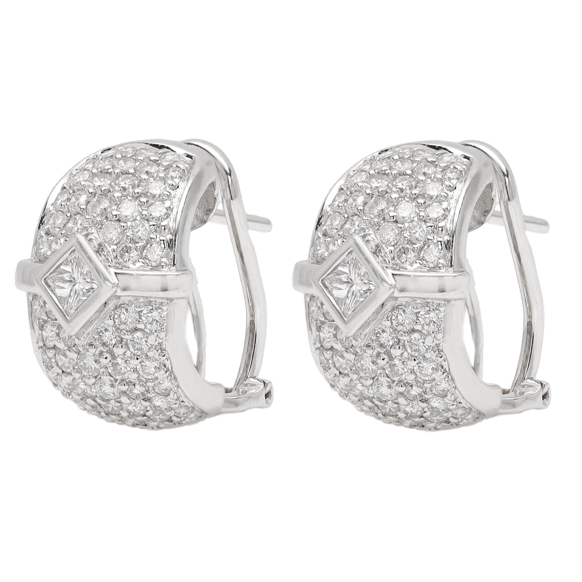 Fancy Diamond Earrings Omega Lock 18 Karat White Gold Vintage Diamonds Earring For Sale 7