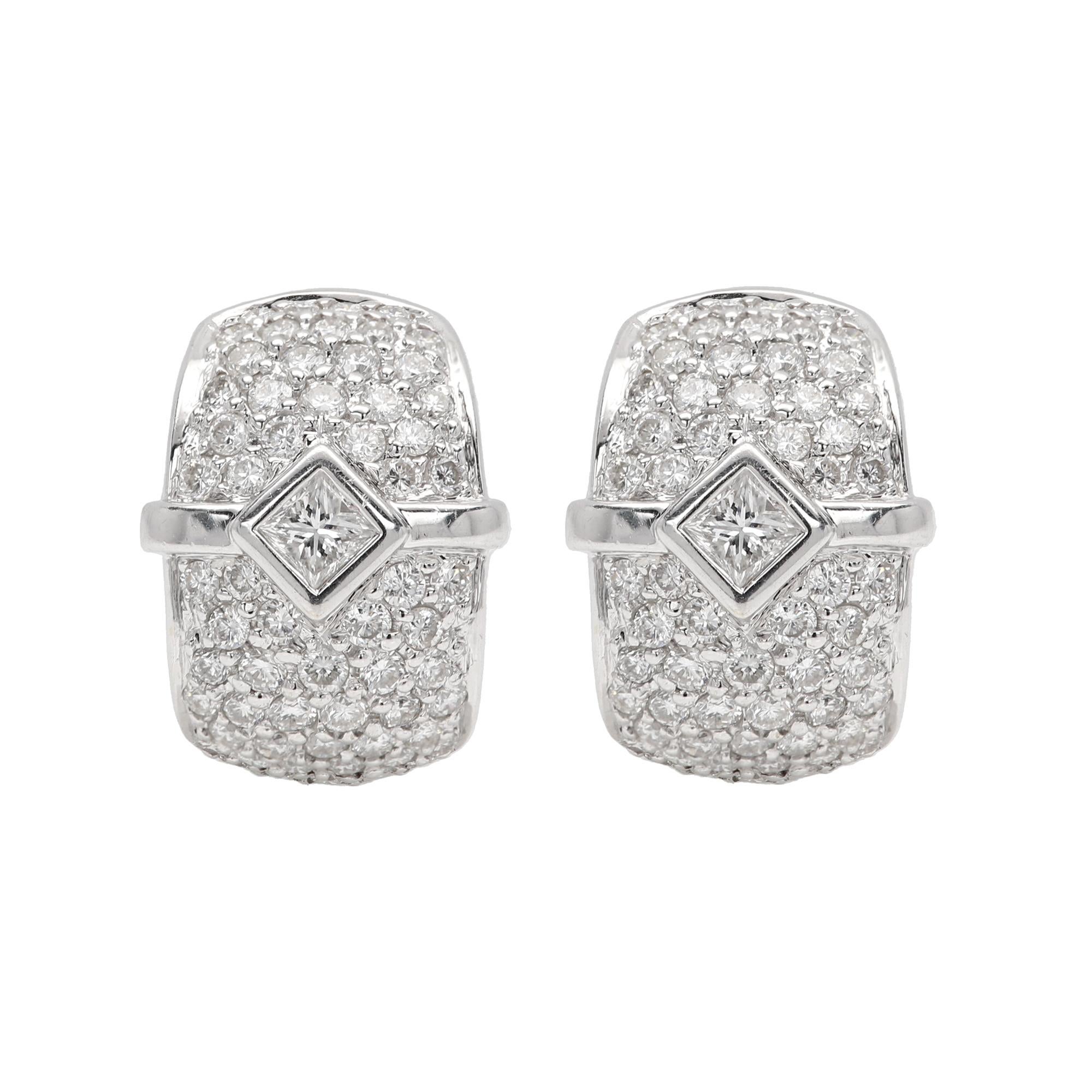 Fancy Diamond Earrings Omega Lock 18 Karat White Gold Vintage Diamonds Earring For Sale 8