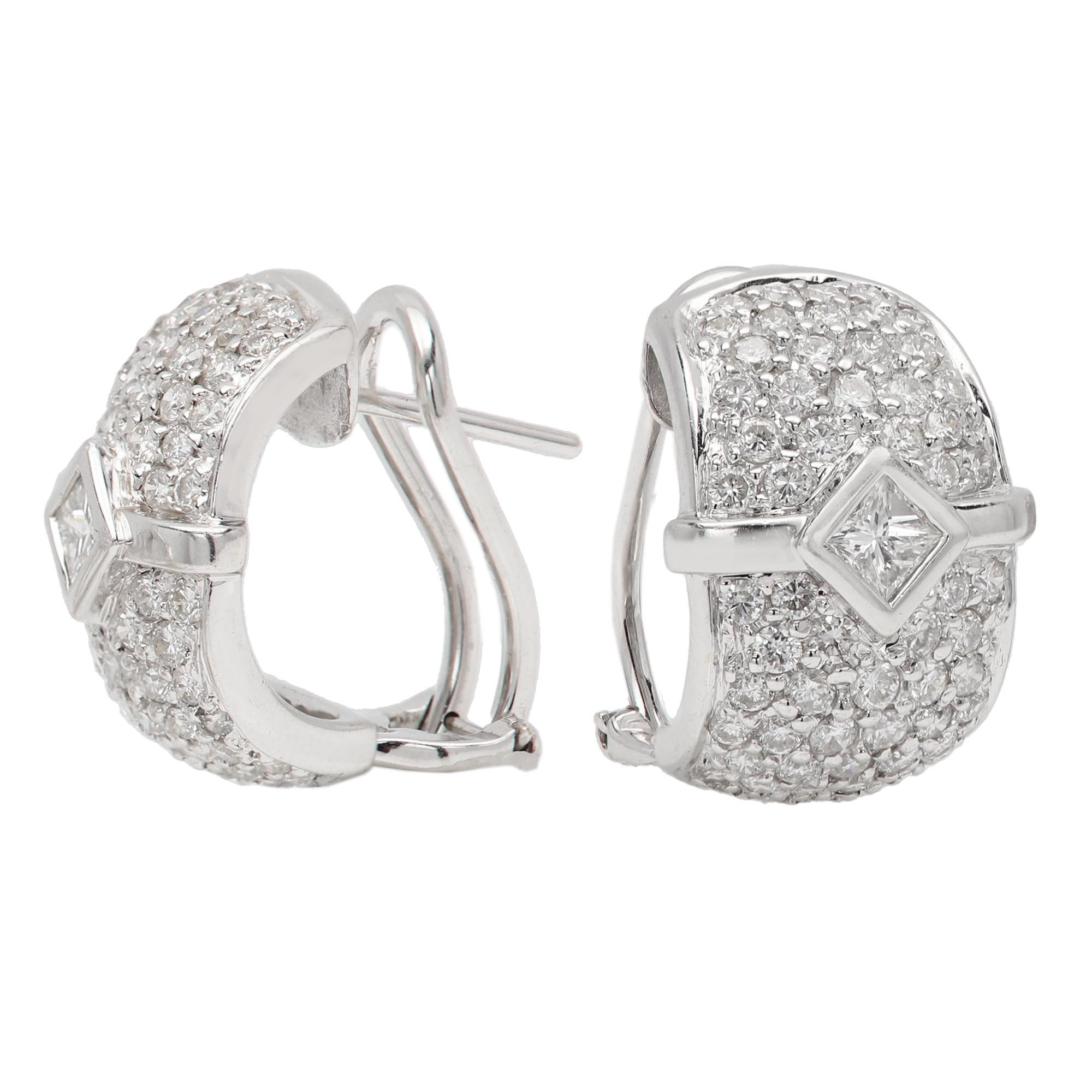 Round Cut Fancy Diamond Earrings Omega Lock 18 Karat White Gold Vintage Diamonds Earring For Sale