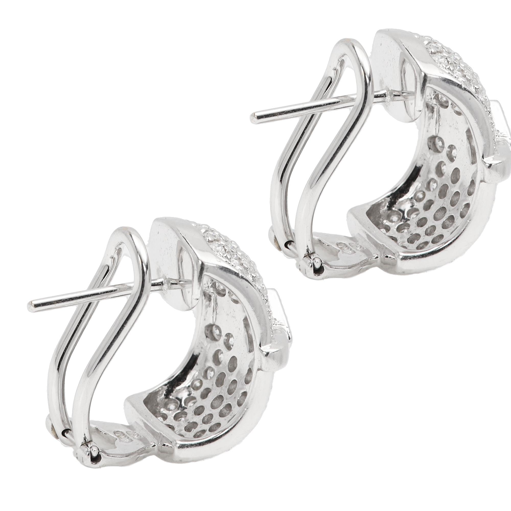 Women's Fancy Diamond Earrings Omega Lock 18 Karat White Gold Vintage Diamonds Earring For Sale