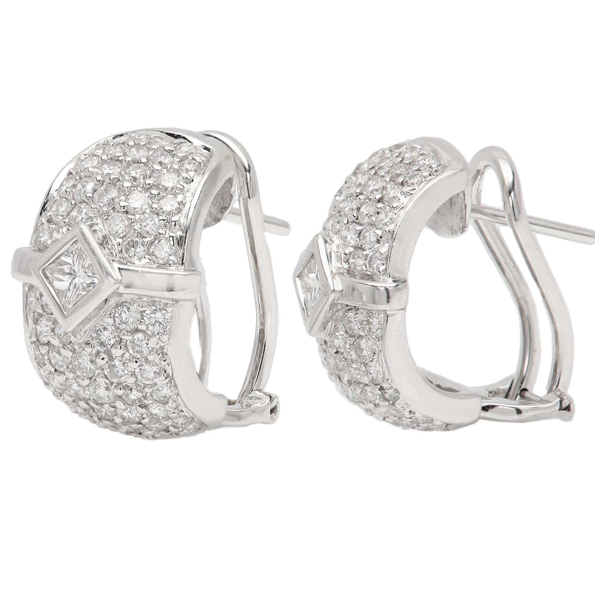 Fancy Diamond Earrings Omega Lock 18 Karat White Gold Vintage Diamonds Earring For Sale 1