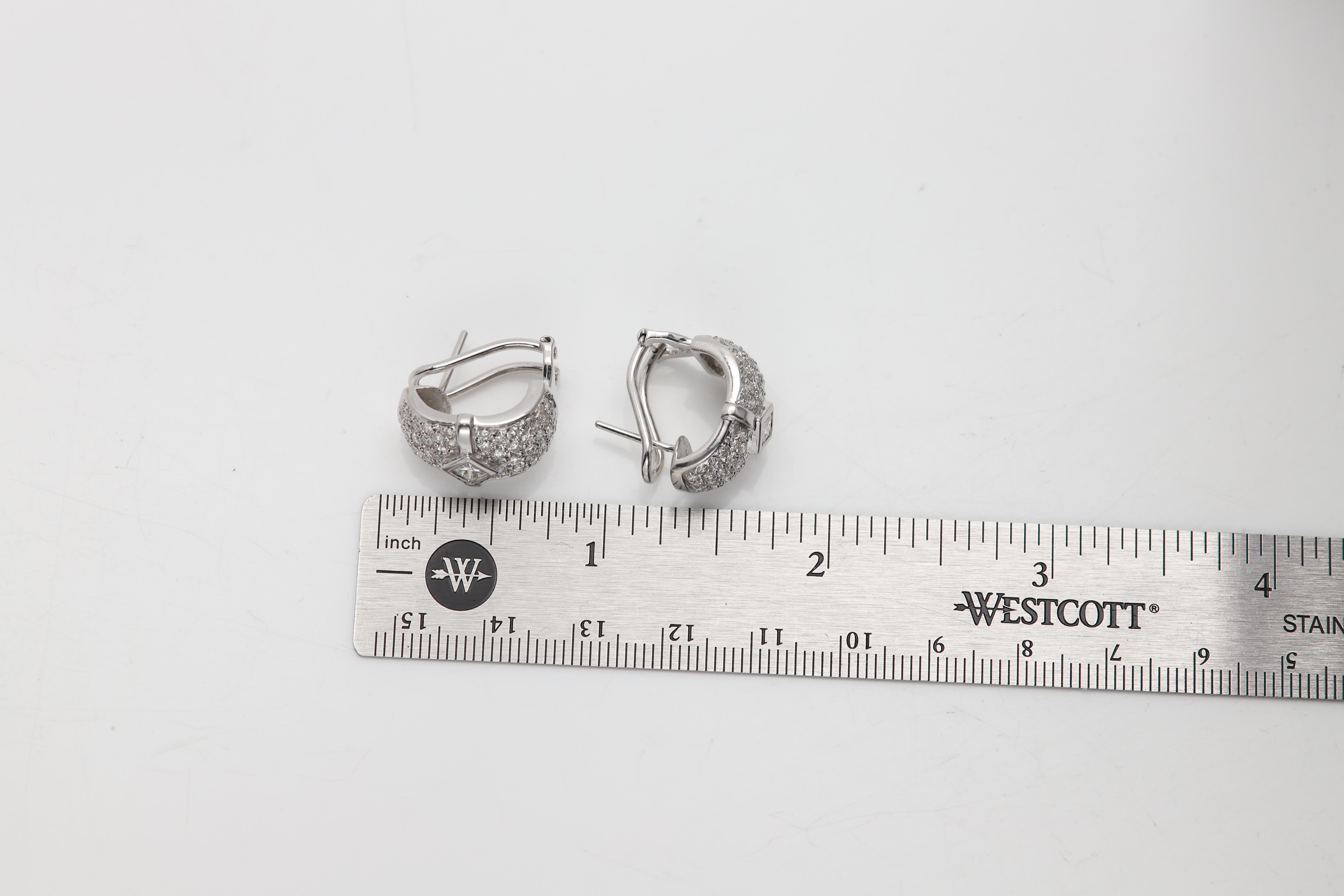 Fancy Diamond Earrings Omega Lock 18 Karat White Gold Vintage Diamonds Earring For Sale 2