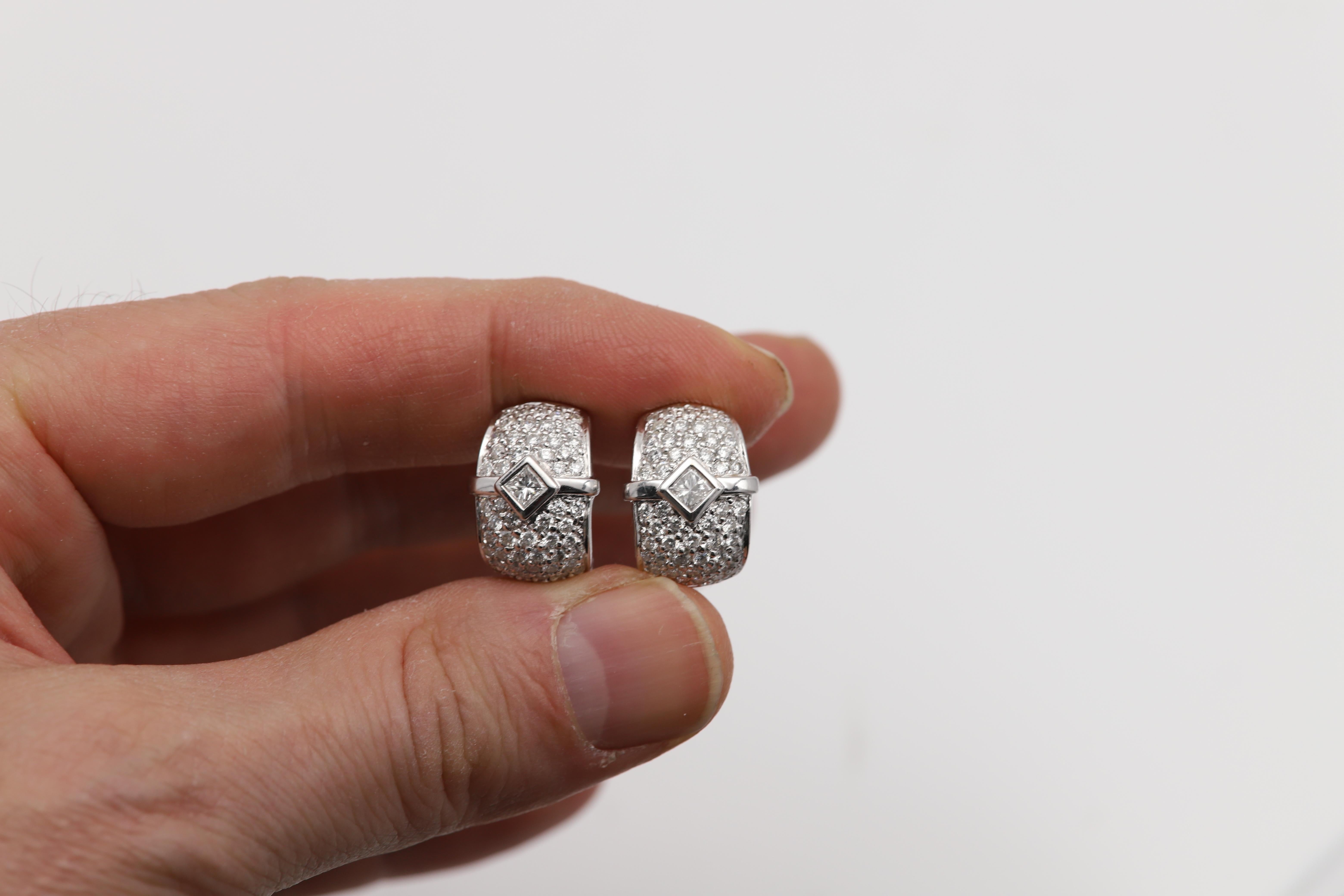 Fancy Diamond Earrings Omega Lock 18 Karat White Gold Vintage Diamonds Earring For Sale 3