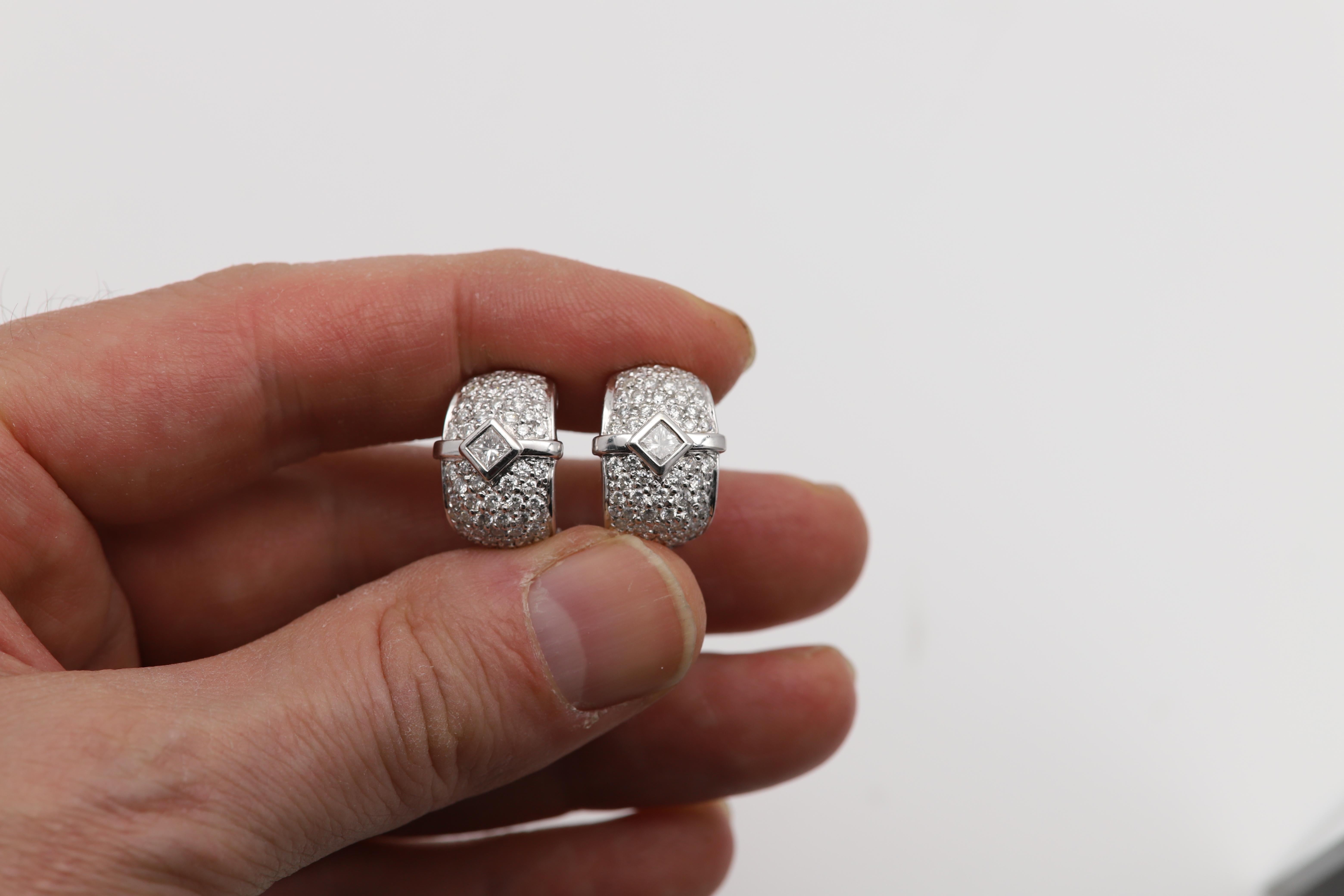 Fancy Diamond Earrings Omega Lock 18 Karat White Gold Vintage Diamonds Earring For Sale 4