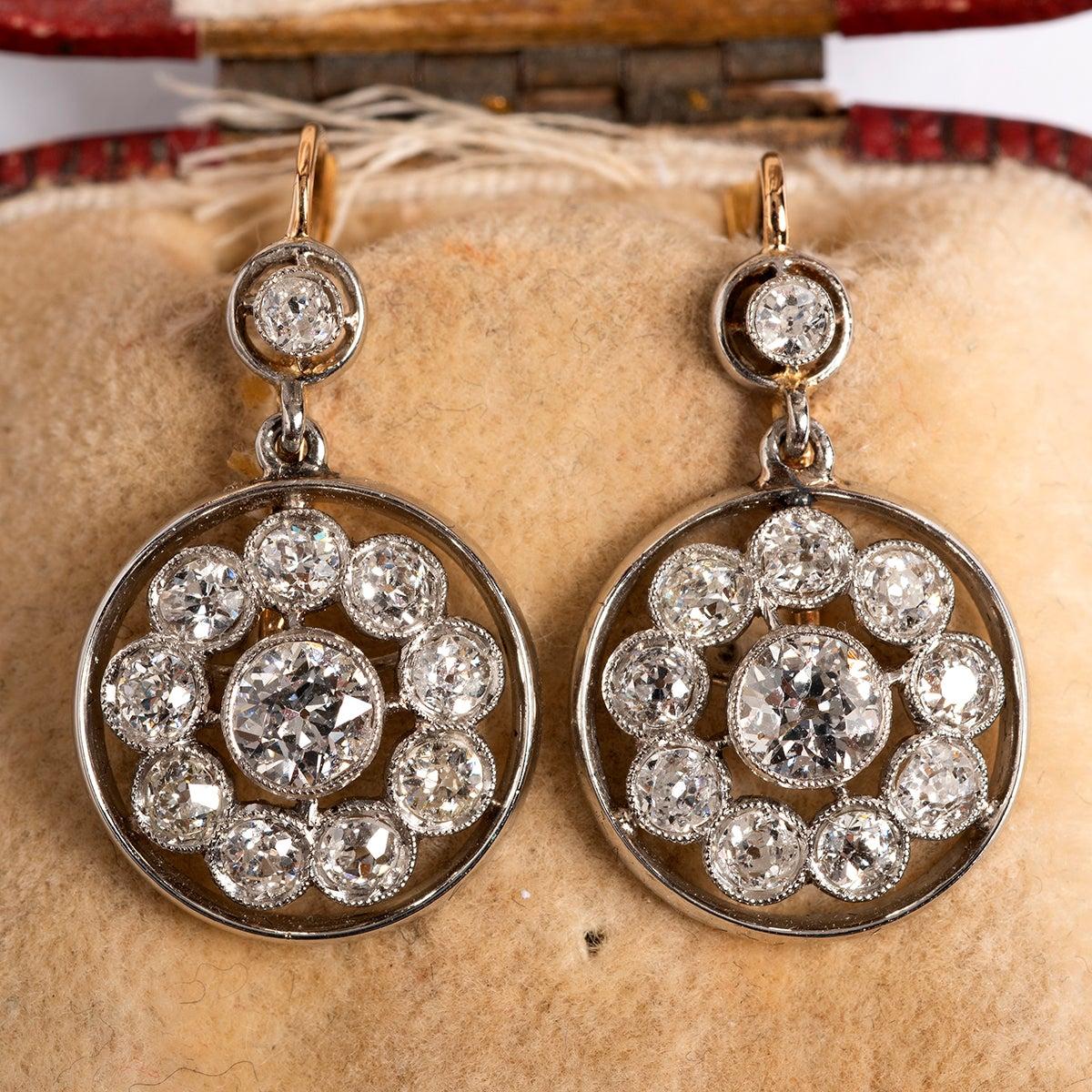 Round Cut Vintage Diamond Earrings with 22 Diamonds, 18 Karat Yellow or White Gold