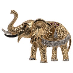 Vintage Diamond Elephant Brooch With Rubies and Sapphire circa 1980s Full UK HM